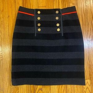 Per Se Black and Gray Wool Striped Skirt with Gold Buttons